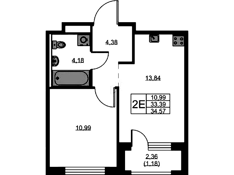 1-комнатная квартира 34.57 м², 5/9 эт., ЖК «GloraX Новоселье»
